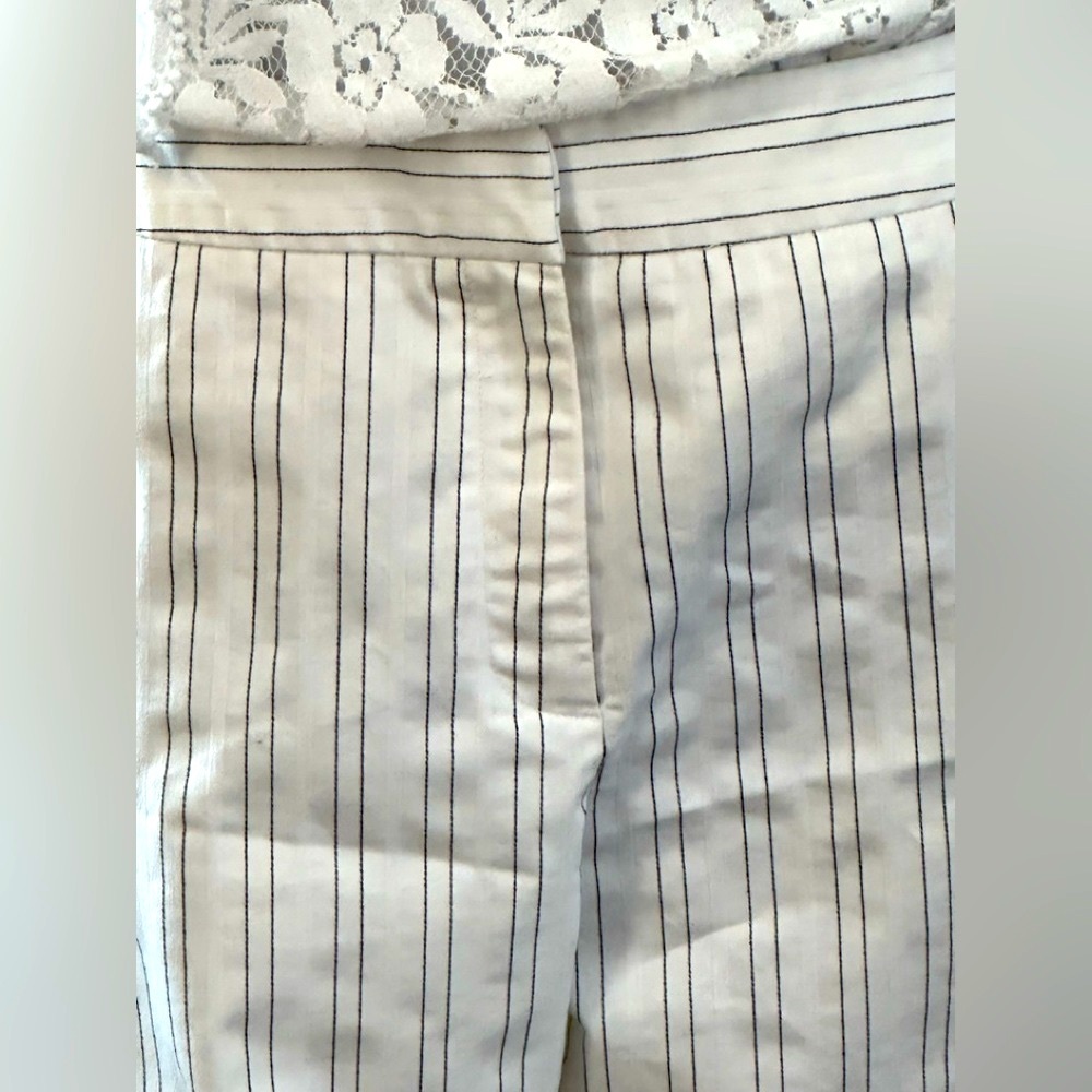 Kenar White Cropped pants with thin Black pinstripes to visually elongate, 14